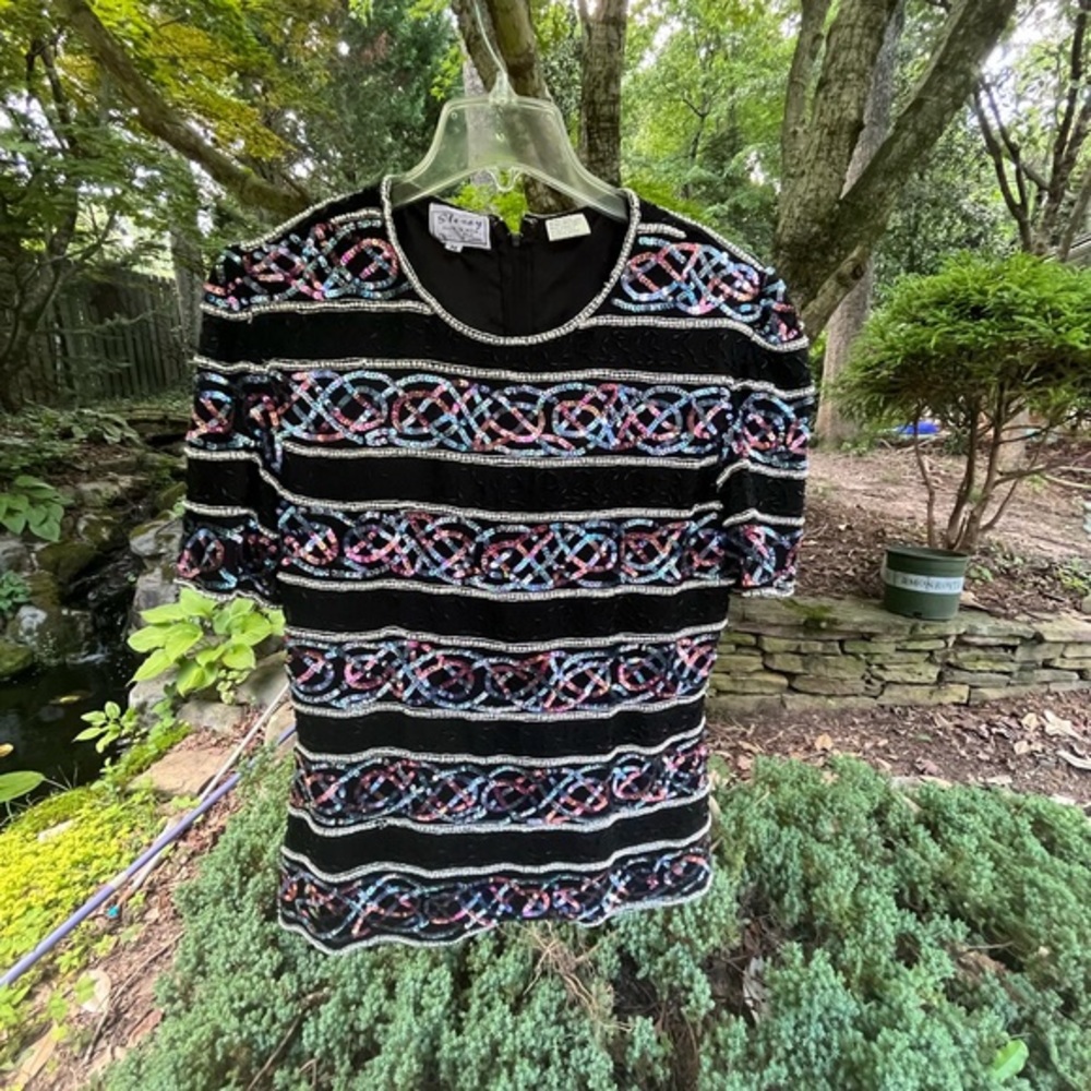 Vintage Stenay striped beaded sequin blouse top medium